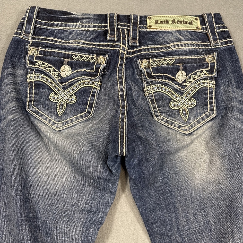 Rock revival WOMENS 27/31JOEY EASY boot Jean THICK STITCH EMBELISHED BLUE STONES
